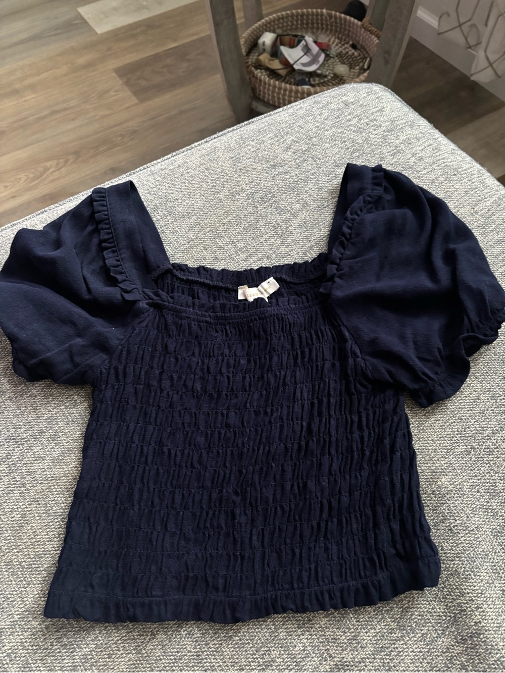 Smocked Navy Puff-Sleeve Crop Top